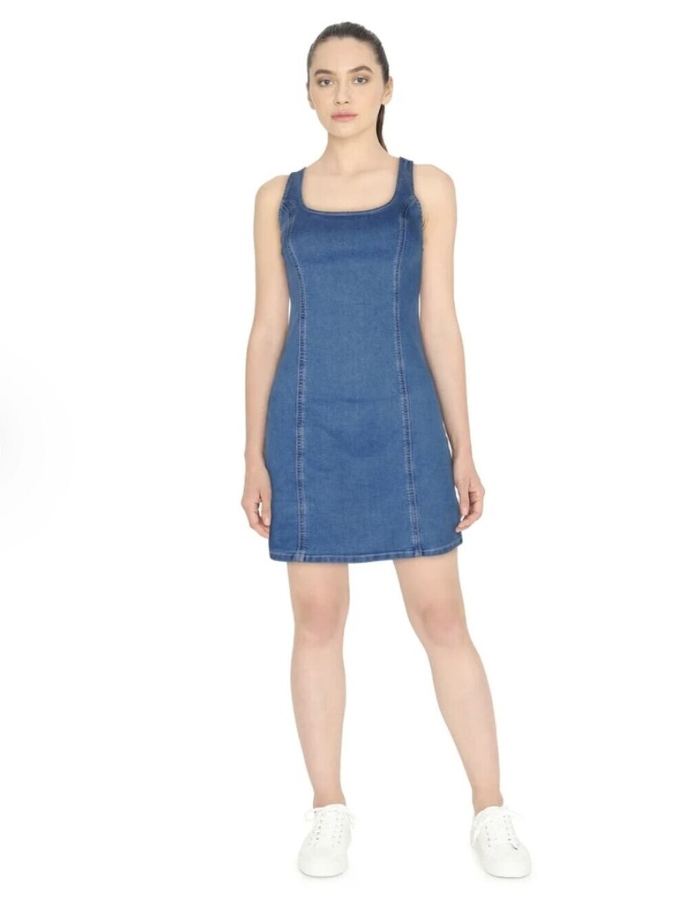 NWOT MyStyle Classic Denim Sleeveless Mini Dress. Blue. Bodycon. Size L.